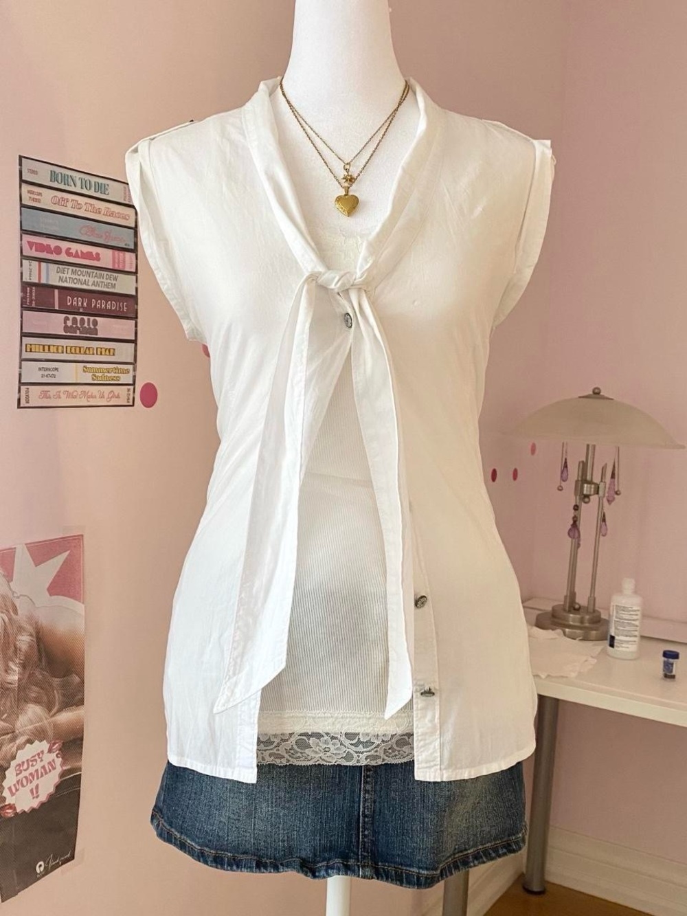 y2k esprit white short sleeve button up blouse with tie front